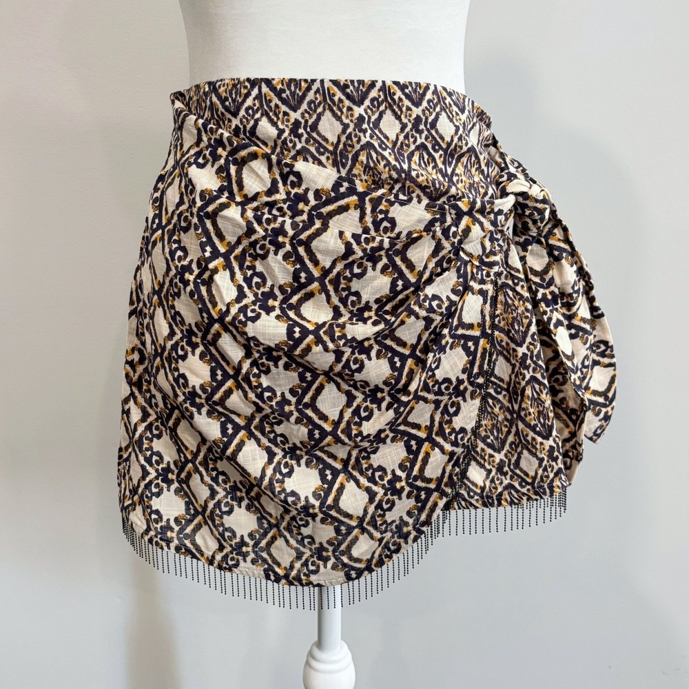 Zara Mini Skirt XS Geometric Fringed Sarong Faux Wrap Blue Artisan Indie 21873